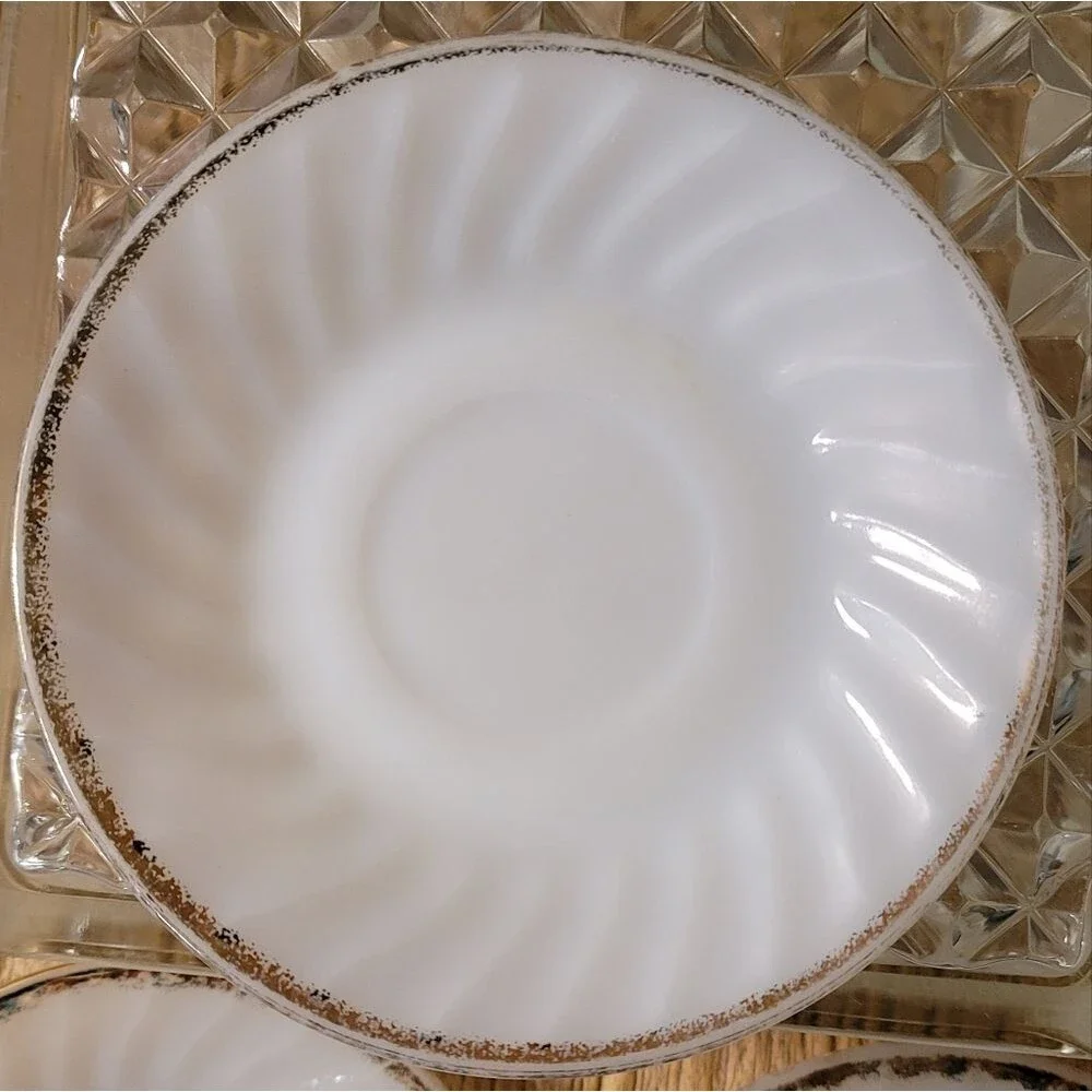Fire King White Milk Glass rimmed in 24 ct Gold. Tea / Coffee plates. Set of 3.